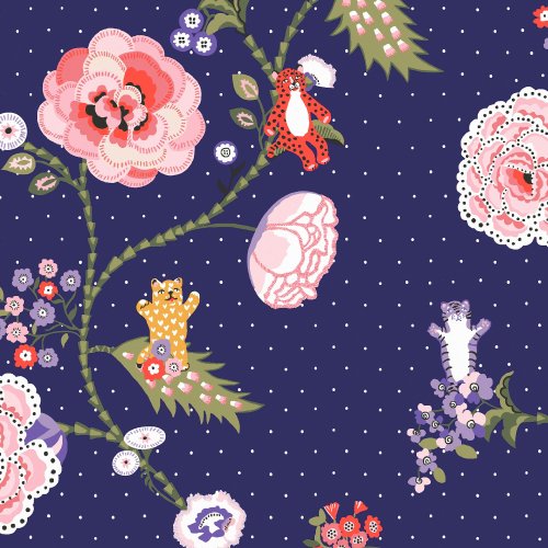 Cath Kidston Catnip Navy Wallpaper pattern showing bold florals and playful cats