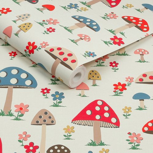 Roll of Cath Kidston Mushrooms Multi Wallpaper showing bold toadstools and floral details