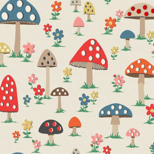 Cath Kidston Mushrooms Multi Wallpaper pattern with colourful toadstools and flowers