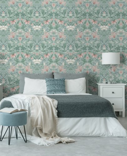 Holden Decor Vintage Floral Soft Teal Wallpaper Room