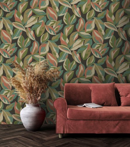 Holden Decor Abstract Leaf Charcoal Wallpaper Room