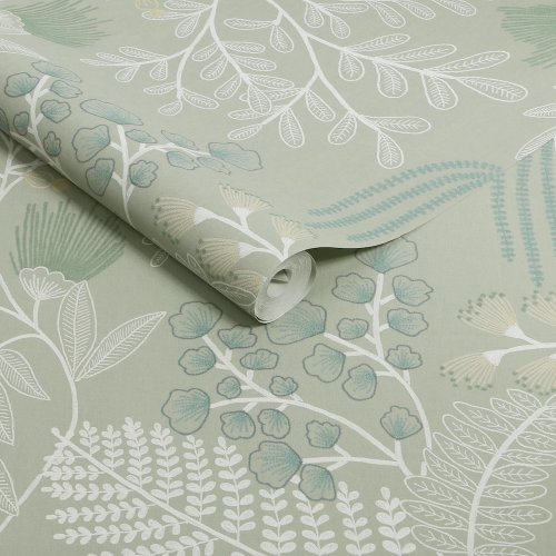 Rolled wallpaper displaying the botanical Superfresco Easy Richmond Sage design