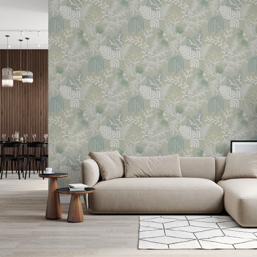 Living room styled with Superfresco Easy Richmond Sage Wallpaper on feature wall