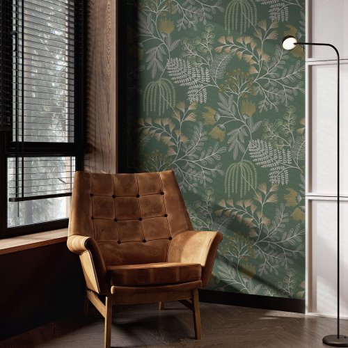 Living room styled with Superfresco Richmond Forest Green Wallpaper featuring delicate foliage print and natural textures.