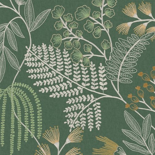 Superfresco Easy Richmond Forest Green Wallpaper flat design showing botanical print with white and ochre leaves on a deep green background.
