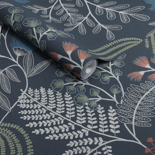 Roll of Superfresco Richmond Navy Wallpaper showing navy backdrop with embroidered-look florals in white and soft hues.