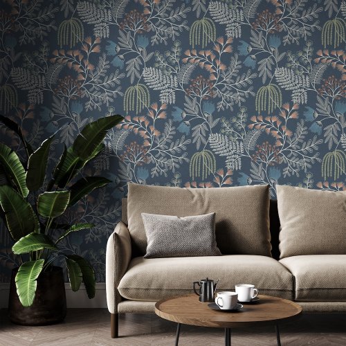 Living room styled with Superfresco Richmond Navy Wallpaper, adding depth and calm with dark blue base and botanical details.