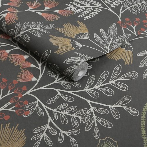 Roll of Superfresco Richmond Noir Wallpaper with charcoal background and intricate embroidered-look botanical patterns in soft colours.