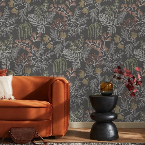 Living room styled with Superfresco Richmond Noir Wallpaper, bringing bold contrast with its dark background and soft botanical detailing.