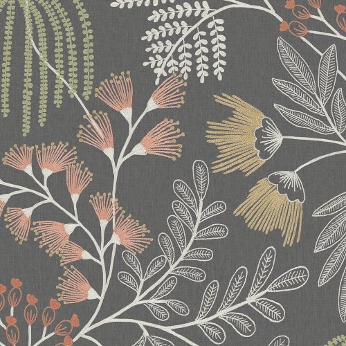 Superfresco Easy Richmond Noir Wallpaper flat image showing embroidered-style florals in blush, mustard and sage on a deep charcoal base.
