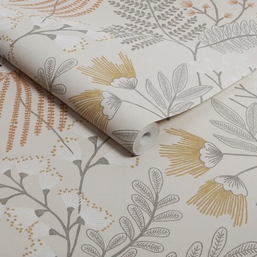 Roll of Superfresco Richmond Sandstone Wallpaper with warm ochre, white and grey botanical pattern on a sandstone-coloured base.