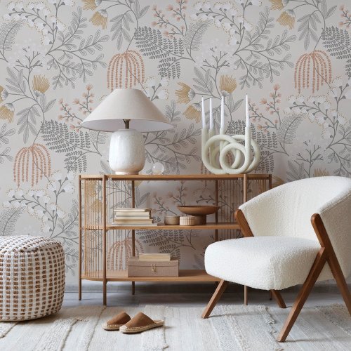 Superfresco Richmond Sandstone Wallpaper in a calm, modern interior, featuring soft floral patterns on a sandstone beige background.