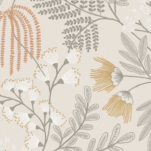 Superfresco Easy Richmond Sandstone Wallpaper flat image showing delicate ochre and white floral embroidery over a soft neutral background.