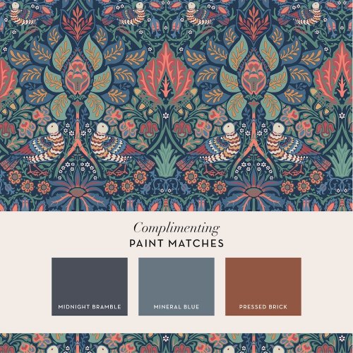 Roll shot of William Morris at Home Dove & Rose Midsummer wallpaper showing intricate patternMatching paints paired with Dove & Rose Midsummer wallpaper
