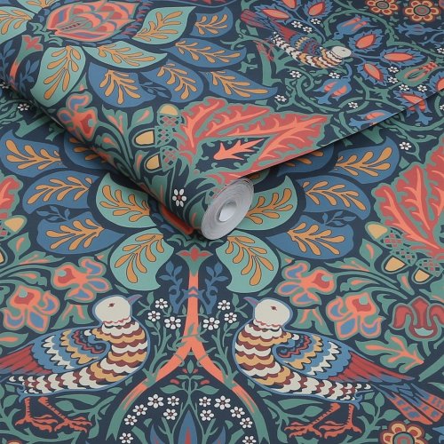 Roll shot of William Morris at Home Dove & Rose Midsummer wallpaper showing intricate pattern