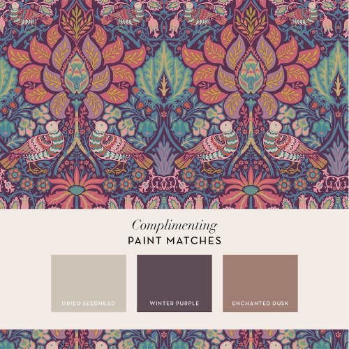 Matching paints paired with Dove & Rose Carnival wallpaper