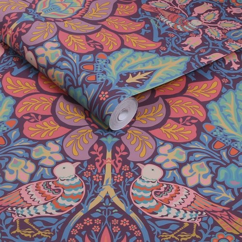 Roll shot of Dove & Rose Carnival wallpaper showing rich colours and flowing pattern