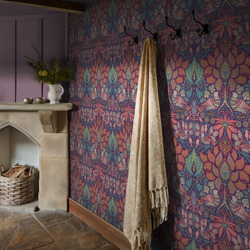 Second room view of William Morris at Home Dove & Rose Carnival wallpaper with bold bird and vine detail
