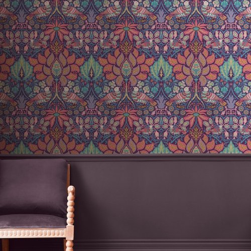 Room styled with Dove & Rose Carnival wallpaper in a vibrant, artistic setting