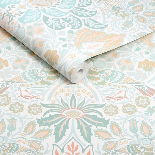 Roll shot of Dove & Rose Haze wallpaper showing pastel design and fine detailing