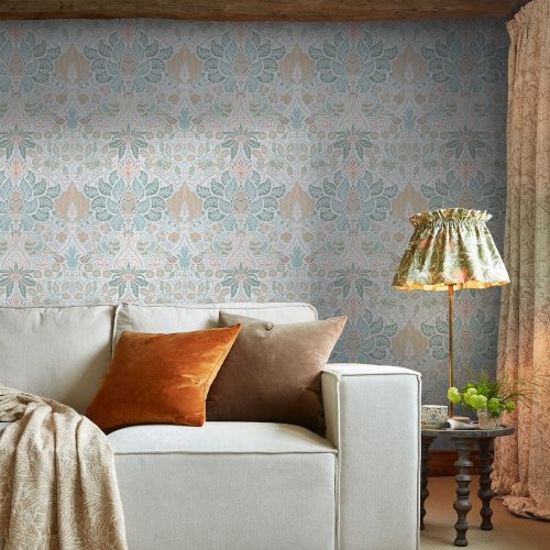 Room styled with Dove & Rose Haze wallpaper in a light, airy interior