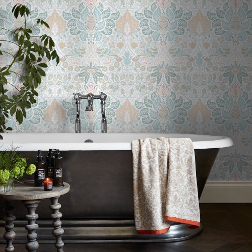 Second room view of Dove & Rose Haze wallpaper with soft floral and bird detailing