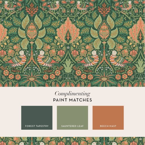 Matching paints paired with Dove & Rose Woodland wallpaper