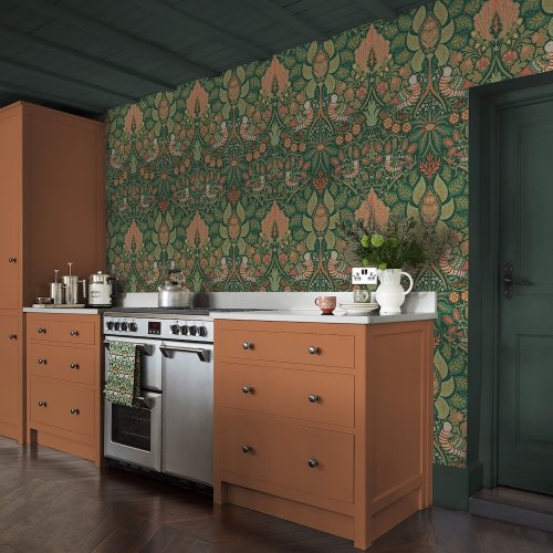 Second room view of Dove & Rose Woodland wallpaper with intricate floral and bird detail
