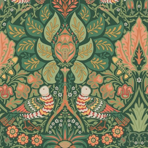 Flat image of William Morris at Home Dove & Rose Woodland wallpaper in green, pink, and mustard tones