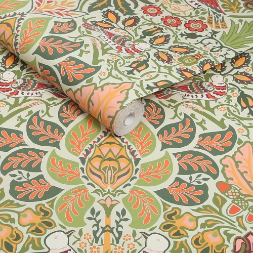 Roll shot of Dove & Rose Olive wallpaper showing leaf, vine, and dove pattern