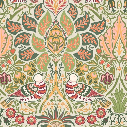 Flat image of William Morris at Home Dove & Rose Olive wallpaper in olive green, orange, and cream tones