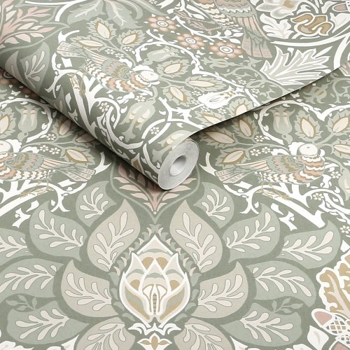 Roll shot of Dove & Rose Spring Garden wallpaper showing flowing vines and doves