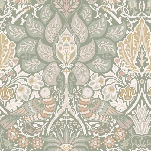 Flat image of William Morris at Home Dove & Rose Spring Garden wallpaper in sage, beige, and peach tones