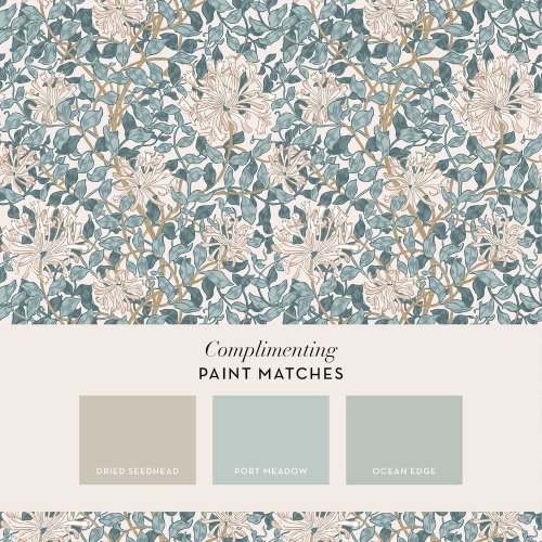 Second room setting featuring Honeysuckle Dusk Blue wallpaper with floral detail