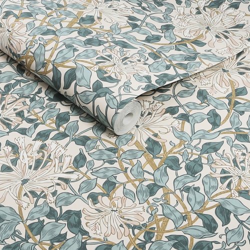 Roll shot of Honeysuckle Dusk Blue wallpaper showing leaves and flowers