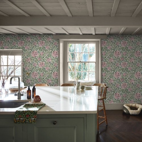 Room shot featuring Honeysuckle Blossom wallpaper in a light grey setting