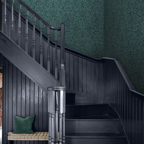 Room shot featuring Acorn Heritage Blue wallpaper with deep navy background
