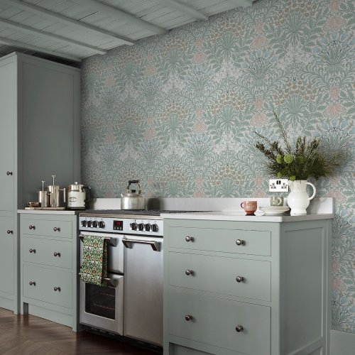 Room shot featuring Garden Cottage Blues wallpaper in a light interior