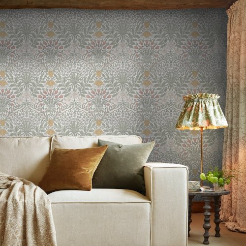 Room shot featuring Garden Soft Sage wallpaper in a light interior