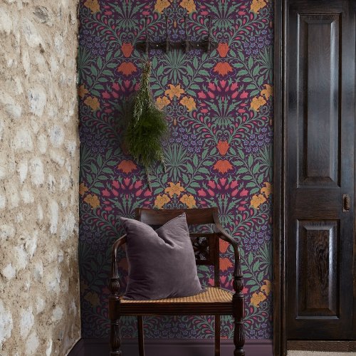 Interior styled with Garden Dewberry wallpaper and furniture