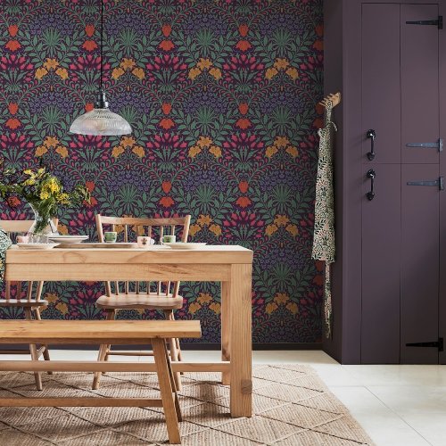 Room shot featuring Garden Dewberry wallpaper in a classic setting