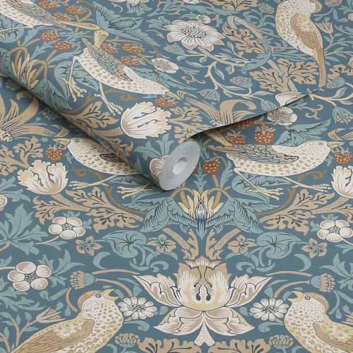 Roll shot of Strawberry Thief Washed Blue wallpaper