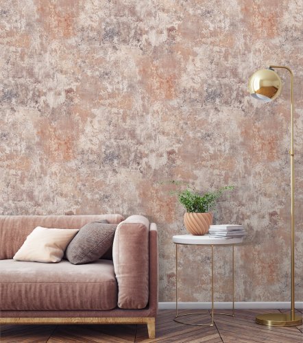 Interior wall with Grandeco Plaster Blush Wallpaper for a warm, rustic look