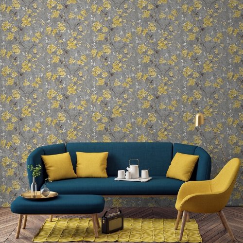 Paul Moneypenny Anethe Blossom Charcoal & Ochre Wallpaper