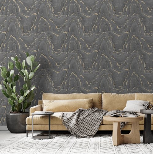 Muriva Woodgrain Charcoal & Gold Wallpaper 199503