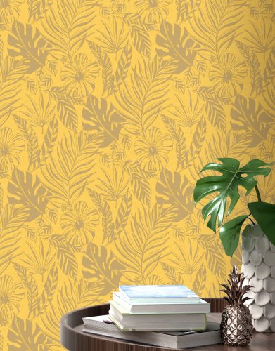 215526 Rasch tropical leaf wallpaper in yellow
