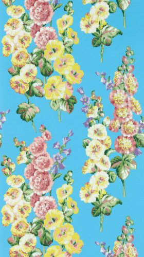 Sanderson Hollyhocks Fire Pink/Bright Blue Wallpaper 217033