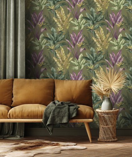 Rasch Akari Madagascar Leaf Olive and Purple Wallpaper 282886