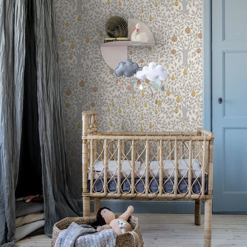 Orchard-inspired wallpaper with gold fruit accents and white backdrop