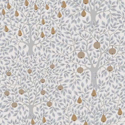 Galerie Apples & Pears white, grey, and gold wallpaper with tree illustrations